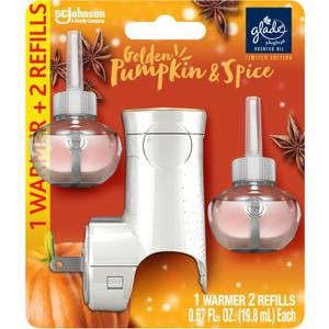 Glade PlugIns Refills Air Freshener Starter Kit, Scented and Essential Oils for Home and Bathroom, Golden Pumpkin & Spice, 1.34 Fl Oz, 1 Warmer + 2 Refills