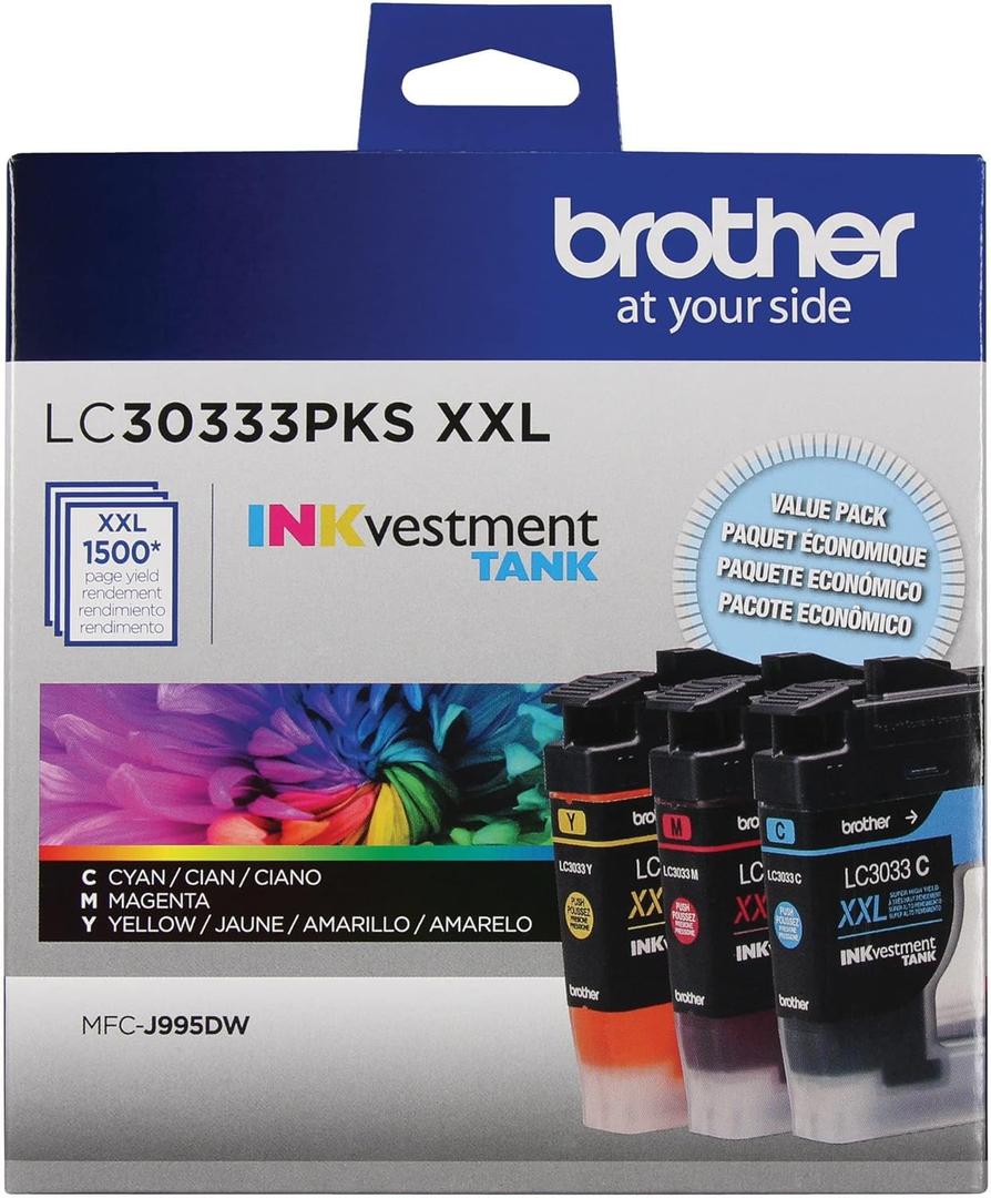 Brother Genuine LC30333PKS 3-Pack, Super High-yield Color INKvestment Tank Ink Cartridges; Includes 1 Cartridge each of Cyan, Magenta & Yellow, Page Yield Up to 1,500 Pages/Cartridge, LC3033