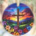 Cross Christmas Ornament, 3.5 Inch Ceramic Nativity Ornament, Christmas Tree Ornaments, Christian Gifts, Religious Gifts, Gifts for Christmas, Perfect for Holiday Party, Tree, Window (Cross Spring Flower)