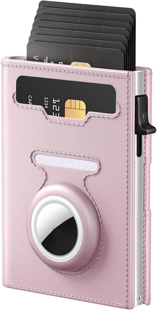 RFID Wallet for Women with AirTag Holder - Slim Small Trifold Wallets Anti-Theft Pop up Card Holder for Air Tag, Front Pocket, Minimalist, Premium Leather, Ultra Thin, ID Window, Cash Slot