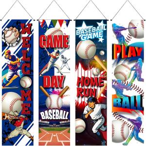 Breling 4 Pack Baseball Field Backdrop Banner Decorations with Welcome 47.24" x 11.81" Large Baseball Background for Sport Themed Birthday Party Wall Door Sign Decor