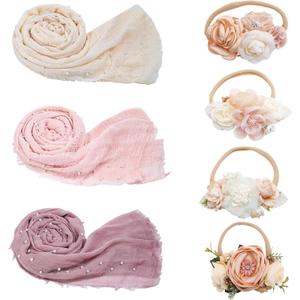 7 Pcs Newborn Photography Props Wrap Kits 3 Pcs Baby Wraps 4 Pcs Flower Headband Baby Photoshoot Props Photo Supplies for Boy Girl Infant Toddler