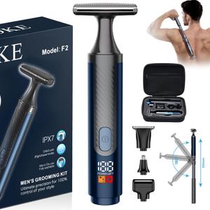FOKE Back Shaver for Men, Ultra-Wide 2" T-Shaped Head, Travel Case, LED 4 in 1 Mens Back Shaver Rechargeable with Long Handle, Safety Lock, IPX7, Multi-Functional Back Trimmer for Men, (Cool Black)