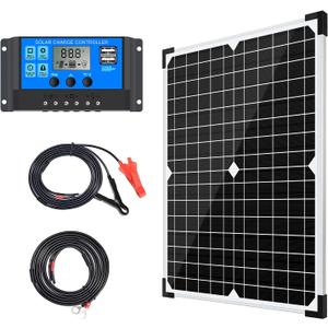 Solar Panel Kit 20W 12V Monocrystalline,Battery Maintainer +10A Solar Charge Controller + Extension Cable with Battery Clips O-Ring Terminal for RV Marine Boat Off Grid System