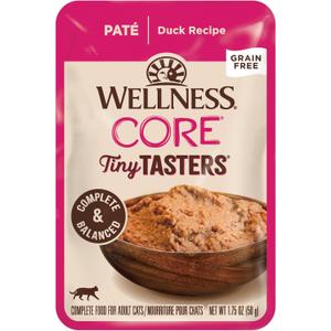 Wellness CORE Tiny Tasters Pate Adult Wet Cat Food, Natural, Protein Rich, Grain Free, Duck Recipe, 1.75 oz, Pack of 12 Pouches