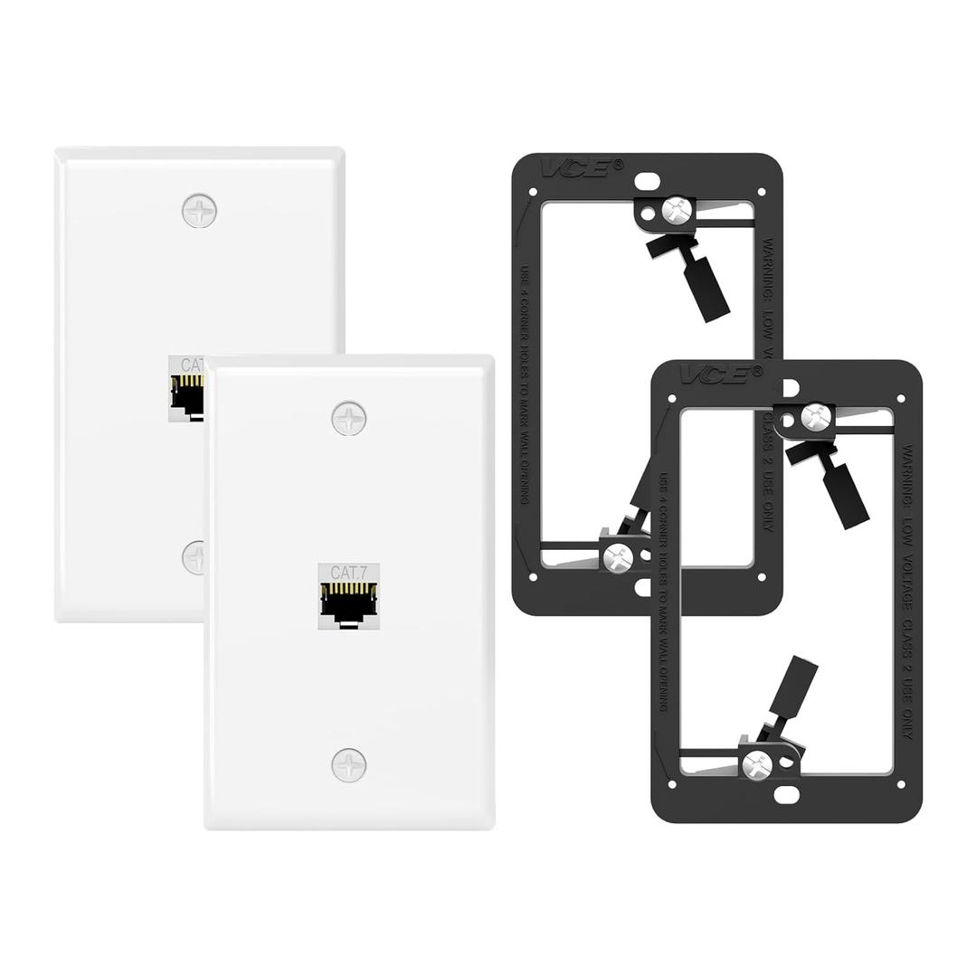 VCE Shielded CAT7 Ethernet Wall Plate UL-listed, 1-Port Female to Female RJ45 Wall Outlet with Single Gang Low Voltage Mounting Bracket 2-Pack