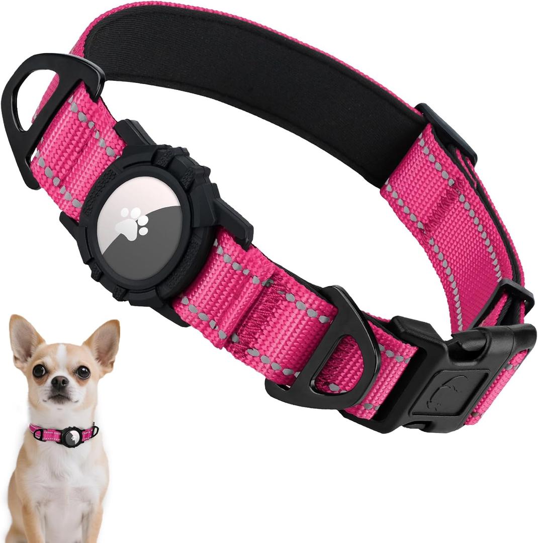 Taglory Reflective AirTag Dog Collar with Waterproof Airtag Holder, Dual D-Rings, Durable Safety Buckle, Adjustable Soft Padded for Puppies Night Walking, Outdoor Tracking, Baby Pink, XS 5/8"x(9-12")