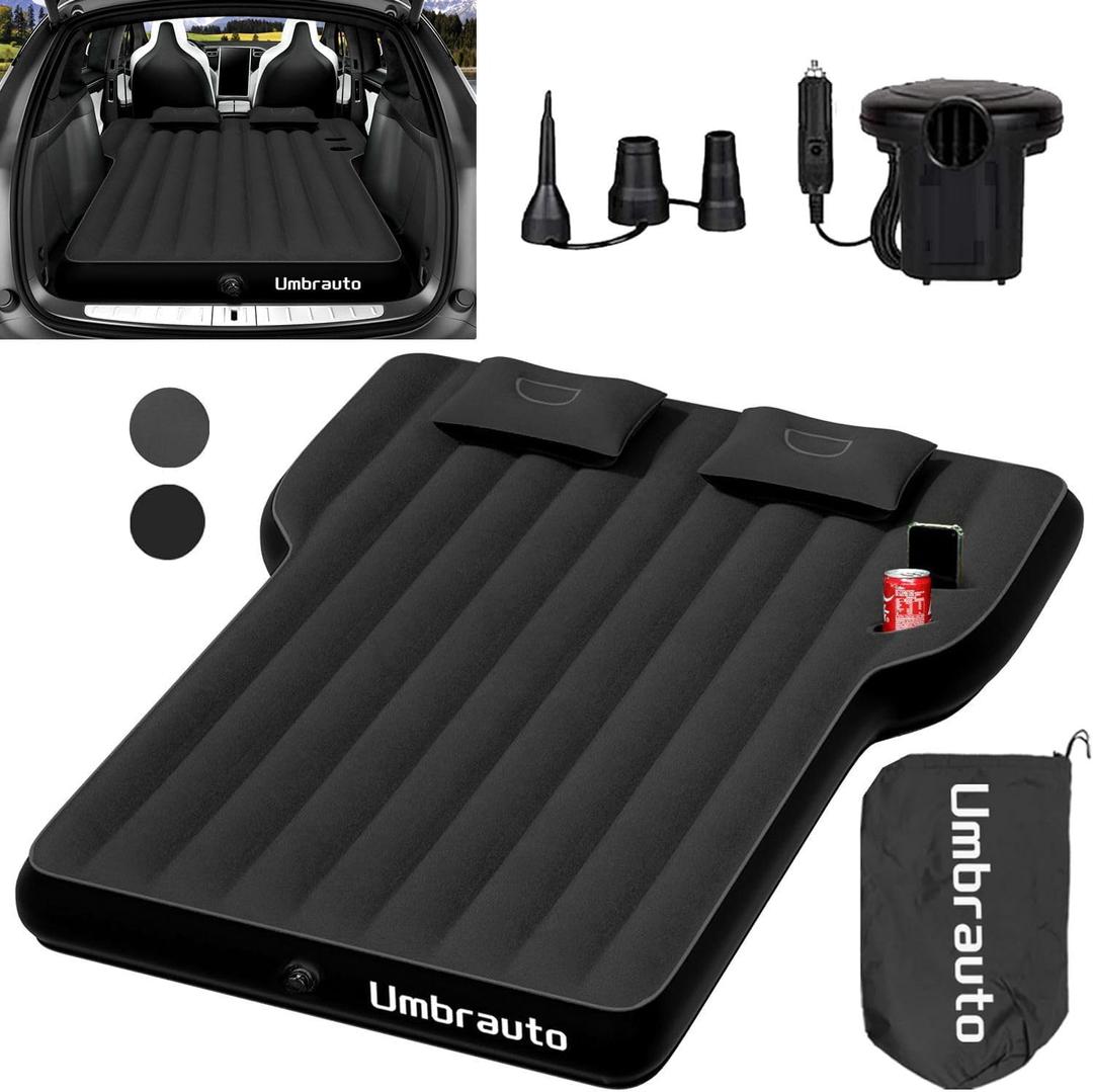 Umbrauto Air Mattress for Tesla Model Y, Custom Inflatable Camping Bed for Back Trunk, Upgraded Sleeping Pad w/Soft Flocking Surface, Durable 210T Fabric Bottom, Portable Pump for SUV Outdoor Travel (Model Y Mattress, Black)