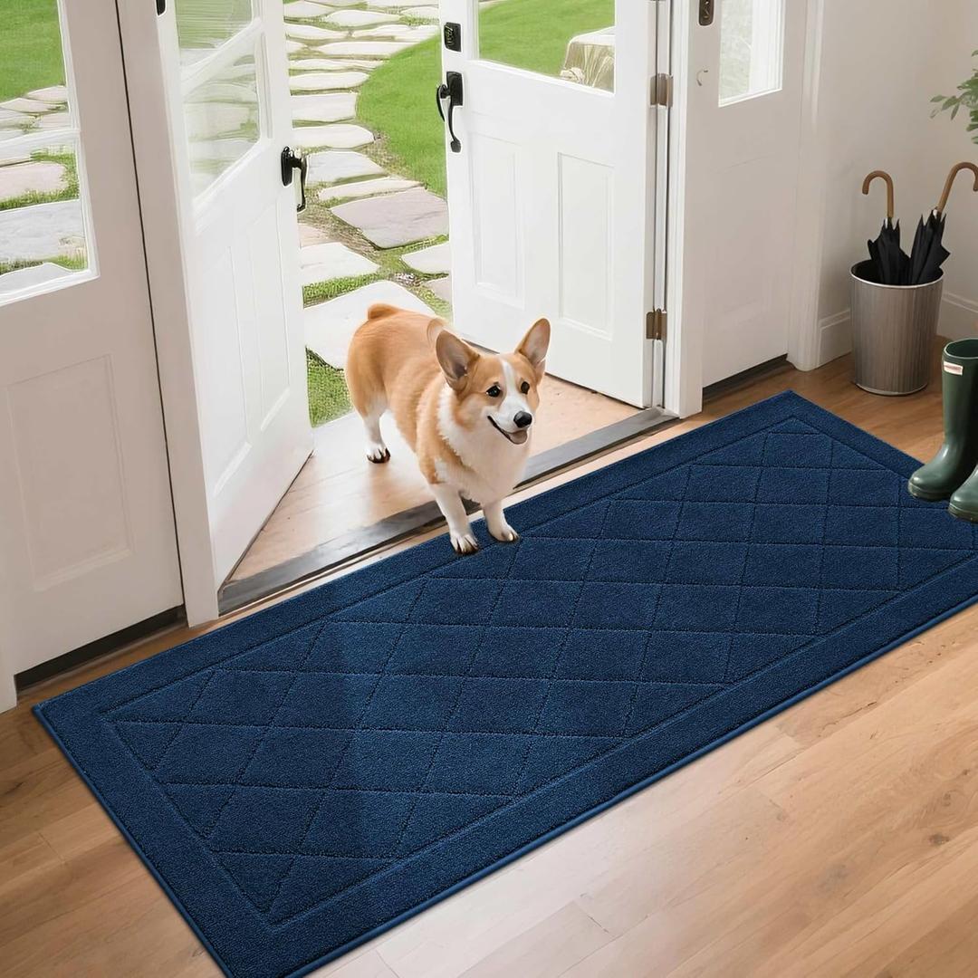 BEQHAUSE Dirt Trapper Door Mat 24" x 60", Doormat Non-Slip Entryway Rugs Washable, Dog Door Mat Stain Resistant and Absorbent Welcome Floor Mat for Front Back Door, Mud Wet Shoes & Paws, Navy Blue