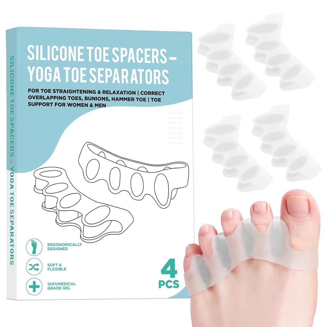 4 Pcs Silicone Toe Spacers – Yoga Toe Separators for Toe Straightening & Relaxation | Correct Overlapping Toes, Bunions, Hammer Toe | Toe Support toe separators for Women & Men (Clear, 3.98)