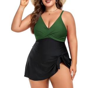 MFAVIP Women Plus Size Swim Dress Tummy Control One Piece Swimsuit V Neck Wrap Full Coverage Bathing Suit Cute Tie Knot, XL