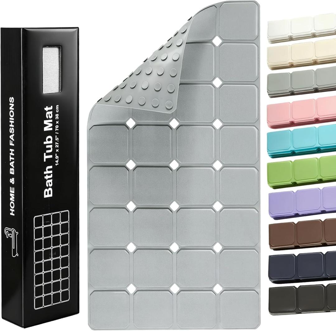 Yanzifly Non-Slip Silicone Bathtub Mat Foldable, Machine Washable, Durable & Eco-Friendly Bath & Shower Mat with Strong Suction Cups, Large Drain Holes, Ideal for Family Use, 14.9 x 27.5in, Grey