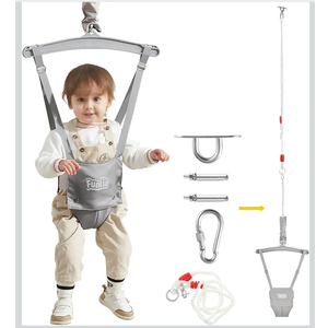 FUNLIO Baby Jumper with a Ceiling Hook for 6-24 Months, Baby Door Jumper for Indoor/Outdoor Play, Infant Jumper Doorway with Adjustable Chain, Easy to Assemble & Store (with a Ceiling Hook)- Grey