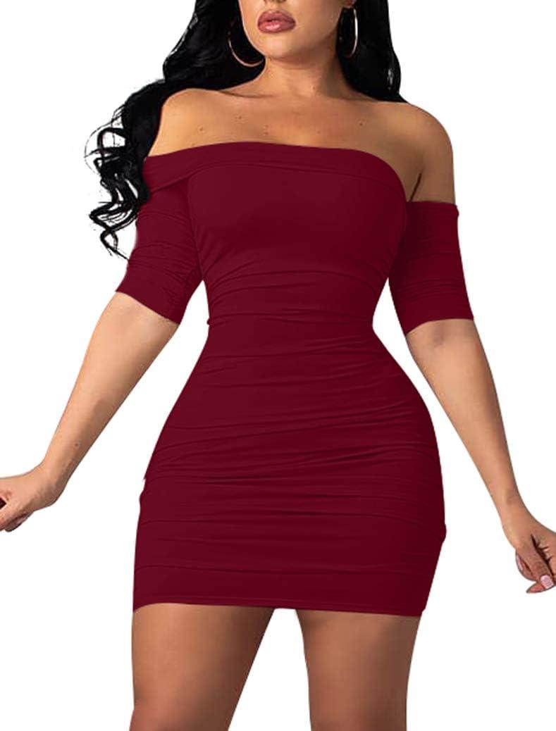 GOBLES Women's Summer Short Sleeve Sexy Bodycon Ruched Mini Party Dress (Winered), Size L