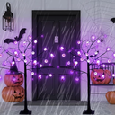 2 Pack 4 FT Spooky Black Halloween Tree with Timer,48 LED Purple Lights with Eyeball Ghost Grimace DIY Ornaments,Artificial Halloween Tree Decorations Indoor Outdoor (Purple)