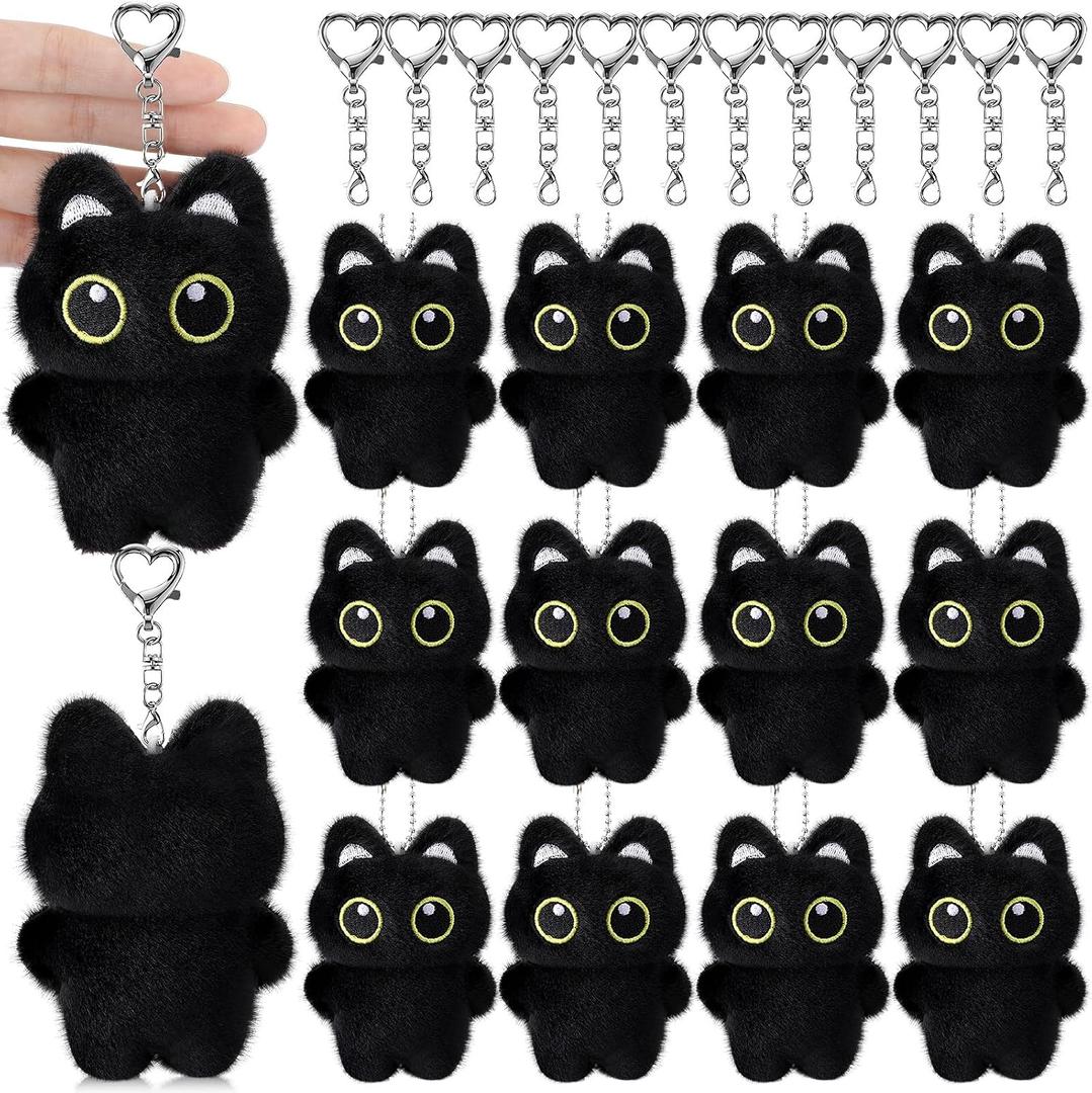 Nosiny 12 Pcs Christmas Black Cat Bag Charm Squeaky Cute Black Cat Plush Keychain Accessories for Kitty Lovers, Birthday Gifts