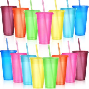 Honeydak 15 Pack Tumbler with Straw and Lid Bulk Glitter Plastic Cups Water Bottle Iced Coffee Travel Mug Reusable Party Favor Cups for Birthdays travel 24-27 oz (Cute Colors)