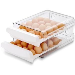 HOMQUEN Egg Holder, Clear Plastic - 2 Layer/40 Grid Egg Tray & Fresh Storage Box for Fridge