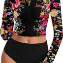 WOWENY Cropped Rash Guard Shirts for Women Long Sleeve with Thumb Holes UPF50+ Surfing Swimsuit Top No Bottom, Large