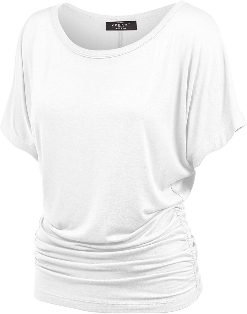 Made By Johnny Women's Casual Solid Short Sleeve Boat Neck/V Neck Dolman Top T Shirt with Side Shirring (Large, White) Made By Johnny Women's Casual Solid Short Sleeve Boat Neck/V Neck Dolman Top T Shirt with Side Shirring (Large, White)