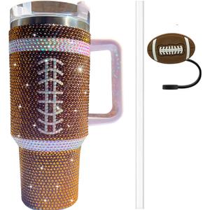 40 OZ Bling Tumbler with Handle and Straw,Football Stainless Steel Water Bottle,Large Rhinestone Tumbler for Women Girls with Cute Straw Covers Cap (Brown)