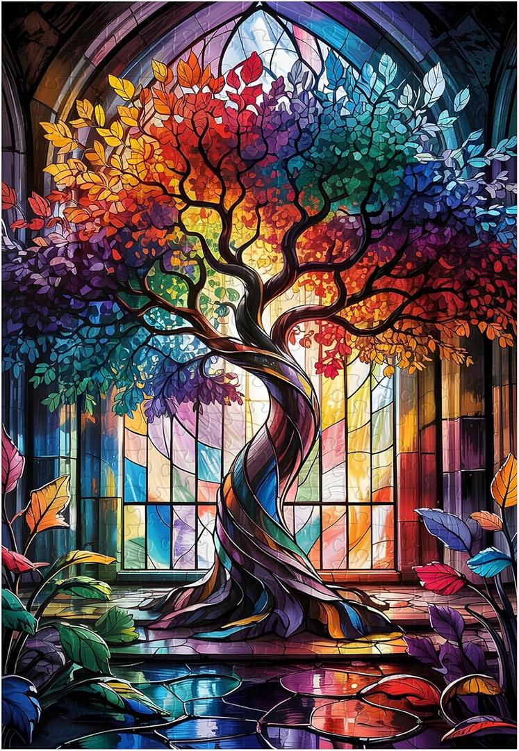 Great Jigsaw Puzzles for Adults 300 Pieces Stained Glass Tree of Life Puzzles for Adults Toys Gift Family Decoration Kids Puzzle (15"x10"-300PCS)