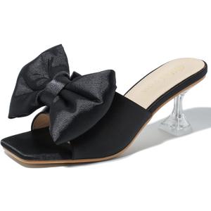 Heiyom Women's Bow Clear Heels Slippers Dress Sandals Square Toe Stiletto Mules Slip on Wedding Prom Shoes, Size 46