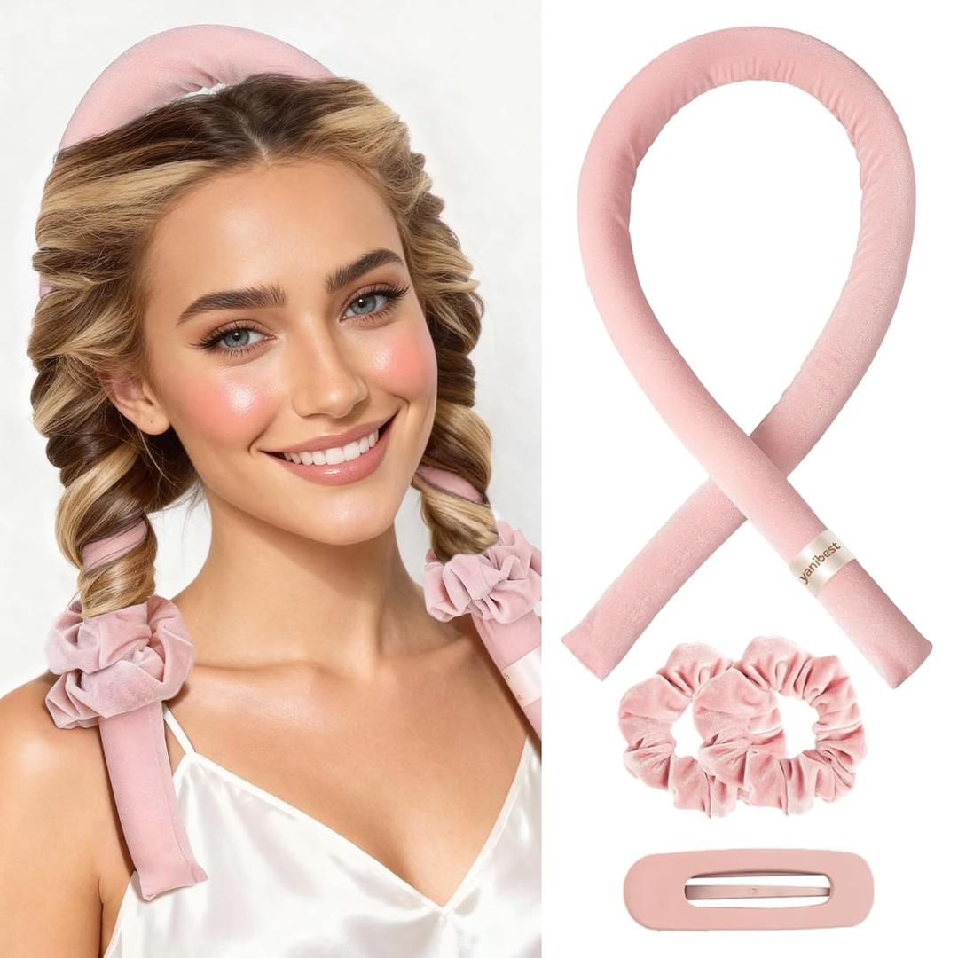 Yanibest Heatless Hair Curler to Sleep in, Overnight Curl Headband for Natural Wavy Curls, No Heat Soft Hair Curler Set with Hair Clip Scrunchies for Styling, No Slip Heatless Curls (Pink)