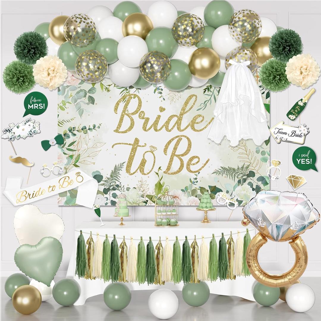 Bridal Shower Decorations, Sage Green Bachelorette Party Decorations Bride to Be Banner Backdrop Sash Veil Confetti Foil Balloons Tassel Paper Pom Poms Photo Props for Engagement Wedding Party Favors (Gold and Green)