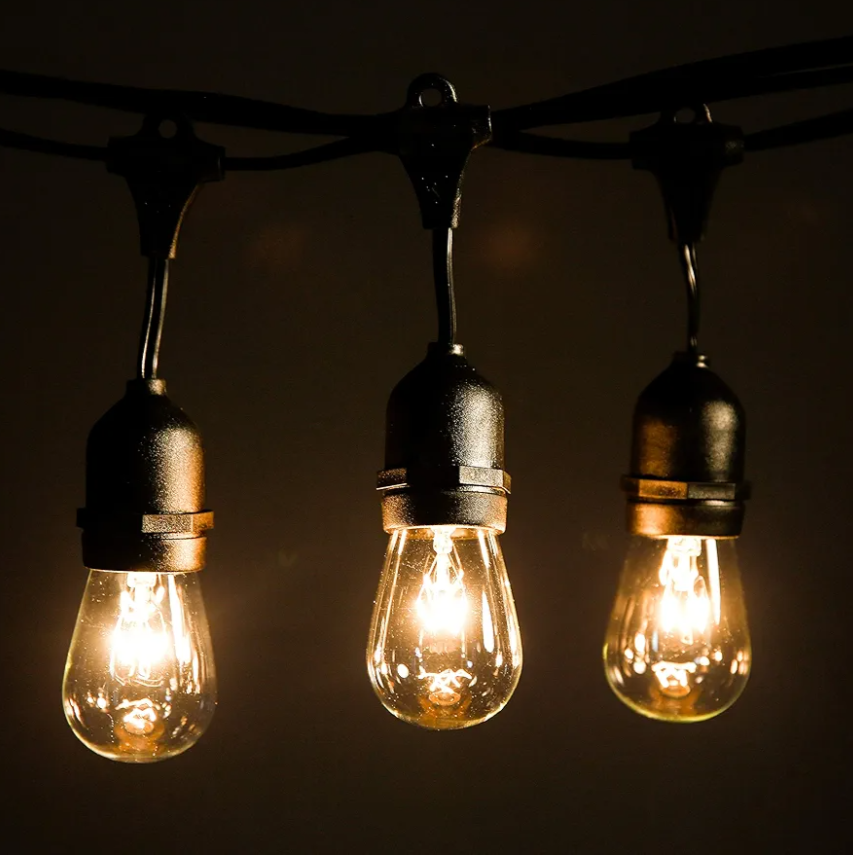 100 Foot Commercial Outdoor String Lights with 50 Suspended Sockets and S14 11 Watt Bulbs (+ 2 Free Spares) - E26 Vintage String Lights for Patio, Yard, Deck, Cafe, Bistro and More