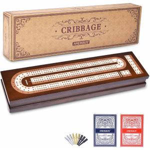 AMEROUS Wooden Cribbage Board Game Set with Magnetic Lock - Metal Pegs - 2 Playing Cards - Continuous 3 Track Board - Larger Storage Area, Travel Portable Cribbage Game Sets for Family