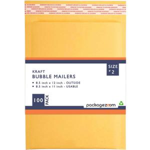 PackageZoom #2 8.5 x 12 Padded Envelopes Kraft Bubble Mailer Shipping Envelopes 100 Pack