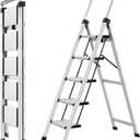 XinSunho 5 Step Ladder, Retractable Handgrip Folding Step Stool with Anti-Slip Wide Pedal, Aluminum Stool Ladders 5 Steps, 330lbs Safety Household Ladder (Silver)