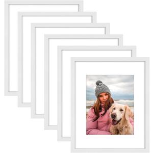 AUEAR 16x20 Picture Frames Set of 6, with Mat for 11x14 or 16x20 without Mat, Composite Wood Gallery Photo Frames with Plexiglass, Wall Mounting (White)