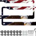 LIN KANG American Flag Eagle License Plate Frame Holder - 2 Pack Patriotic Universal Aluminum Matte Stripe US Flag Gloss Car Tag Frame Holder Accessory with Screws Fasteners Caps