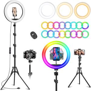 10.3" Ring Light with Tripod and Phone Holder, Selfie Ring Light with 51 Color Modes, Circle Lighting for iPhone, Dimmable LED Phone Ring Light for Makeup/Video Recording/Photography
