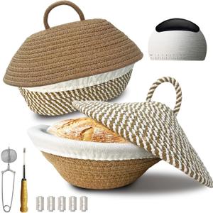 Sourdough Banneton Bread Proofing Basket, Cotton Rope Sourdough Bowl, Oval Bread Banneton Basket, Sourdough Kit, Sour Dough Kit, Proofing Baskets For Sourdough Bread Baking with Lid Lame Scraper