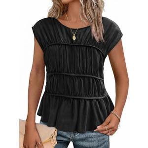 Cicy Bell Womens Cap Sleeve Peplum Tank Tops Summer Babydoll Smocked Cotton Shirts Casual Crew Neck Pleated Blouse (Small, Black)