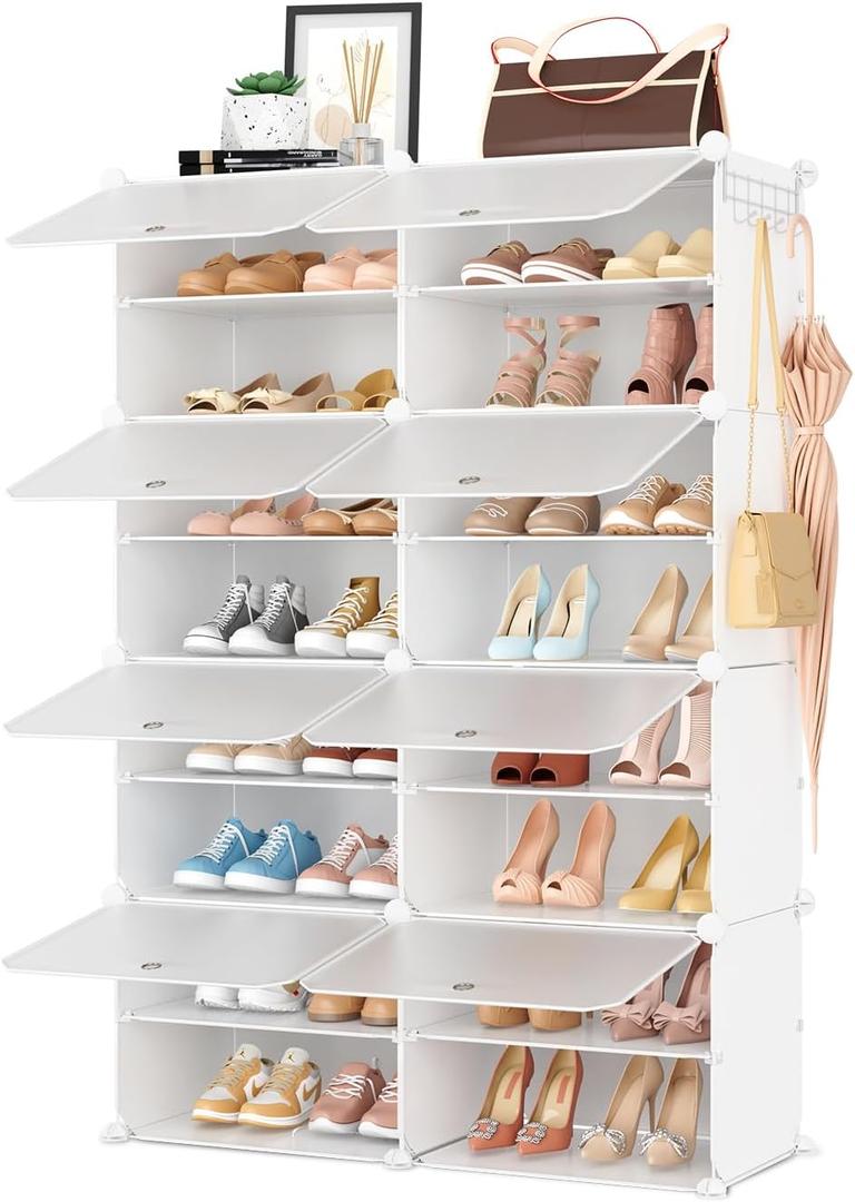 Shoe Rack 8 Tier Shoe Storage Cabinet with Door 32 Pair Tall Shoes Rack Organizer Free Standing Expandable Stable Plastic Easy Assembly Shoes Shelf for Closet Hallway Entryway Bedroom White