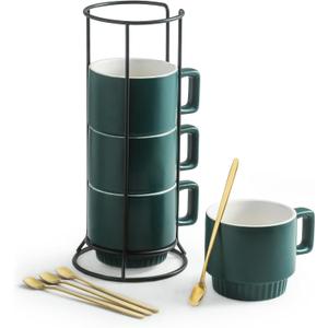 Stackable Coffee Mugs Set of 4 with Holder Spoons 11oz Ceramic Cappuccino Cups for Espresso Latte Tea Drinks, Dishwasher & Microwave Safe, Green