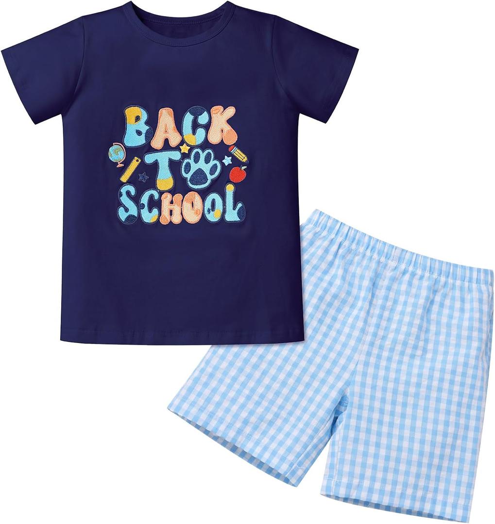 IMEKIS Toddler Kids Boys Back to School Outfit Top with Shorts Schoolbus Embroidered Kindergarten Clothes 4-5T (Blue)