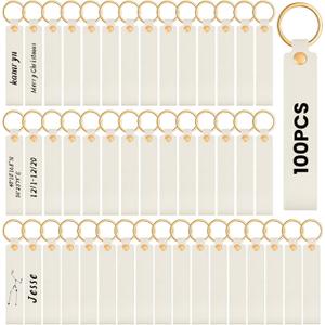 Wavyknot 100 Pcs PU Leather Keychain Blanks Bulk Laser Engraving Blanks Keychain Kit with Key Rings for DIY Key Chains Craft(5.6 x 0.8 Inches, Beige)