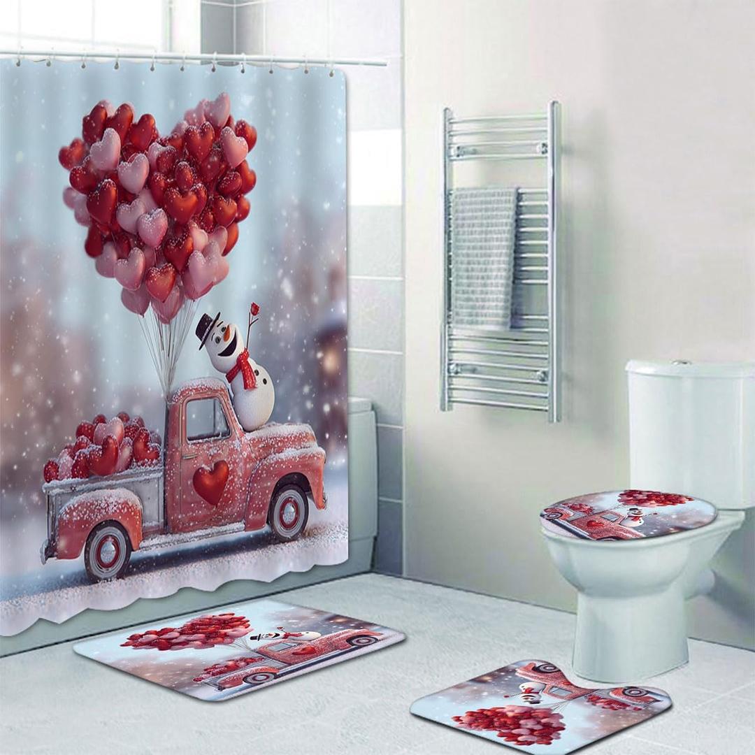 DDS-DUDES Valentine Shower Curtain, Romantic Valentines Watercolor Falling Red Heart Shower Curtain, Red Hearts Cute Gnomes Bathroom Accessories Set with Hooks, 71x71 inches