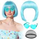 PLULON Cyan Bob Wig with Heart Sunglasses and Hair Cap, Colorful Short Bob Wigs Synthetic Party Wigs Funny Cosplay Hairpieces for Women Men Neon Bachelorette Halloween Costume Party Decorations