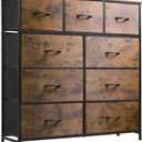 WLIVE 9-Drawer Dresser, Fabric Storage Tower for Bedroom, Hallway, Entryway, Closet, Tall Chest Organizer Unit with Fabric Bins, Steel Frame, Wood Top, Easy Pull Handle, Rustic Brown Wood Grain Print
