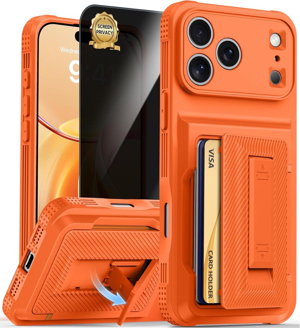 for iPhone 17 Pro Max Case Wallet with Card Holder (4-5Cards) +1 Privacy Screen Protector,[RFID Blocking][Kickstand][Military Drop Protection] Full Camera Protection Wallet Case for iPhone 17 Pro Max (Orange)