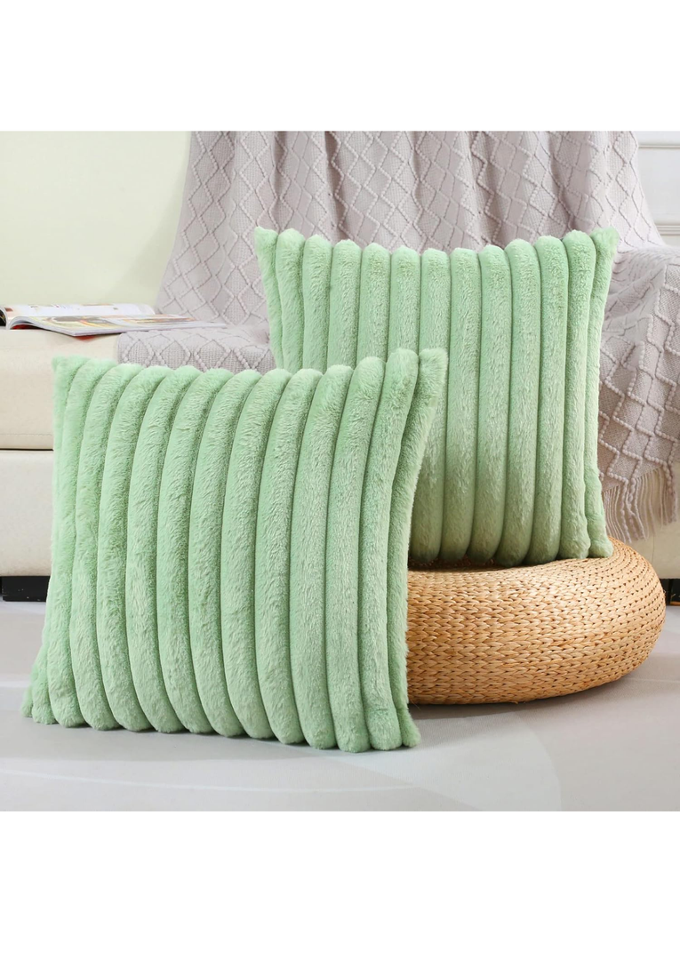 FUTEI Sage Green Striped Decorative Throw Pillow Covers 18*25 Inch Set of 2,Square Spring Decorations Couch Pillow Case,Soft Cozy Faux Rabbit Fur & Velvet Back,Modern Home Decor for Bed
