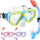 Kids Snorkel Set Dry Top Snorkeling Gear for Kids Youth Boys Girls Junior Age 5-15,Tempered Glass Swimming Diving Mask and Snorkel Set 180 Degree Panoramic View (Blue)