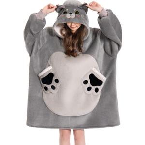 OLAOLA Cat Wearable Blanket Hoodie for Adult, Oversized Animal Hooded Blanket with Pockets & Sleeves, Soft Sherpa Cat Style Sweatshirt Comfy for Birthday Gifts