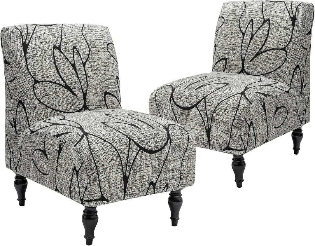 Iauddy Armless Accent Slipper Chair Cover Slipcover,Stretch Spandex Printed Removable Non-Slip Silp Cover for Accent Chair Without Arms for Living Dining Room(Gray/Black,2)